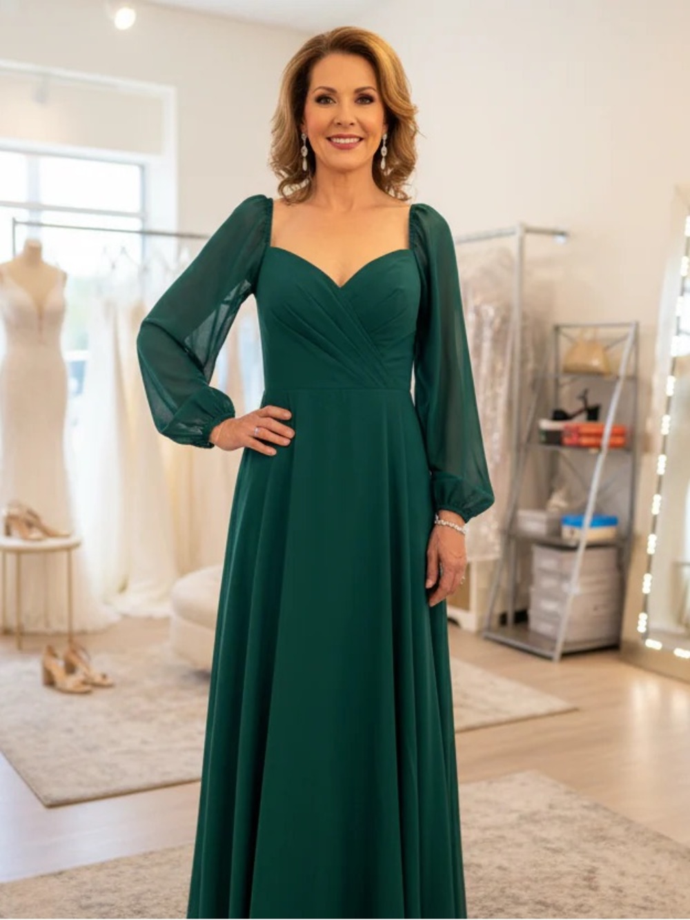 Elegant Emerald Green Long-Sleeve Evening Dress